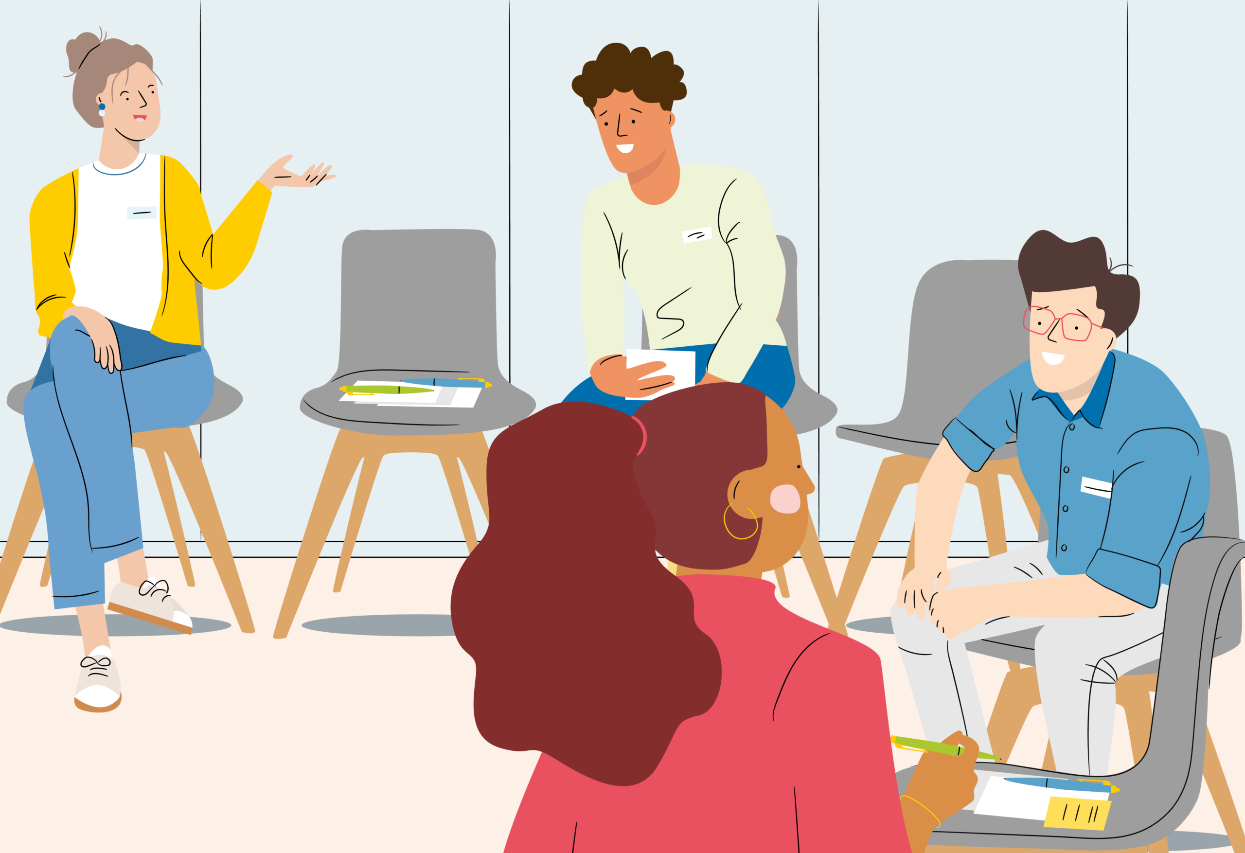 Illustration: Menschen sitzen in einem Stuhlkreis und tauschen sich aus