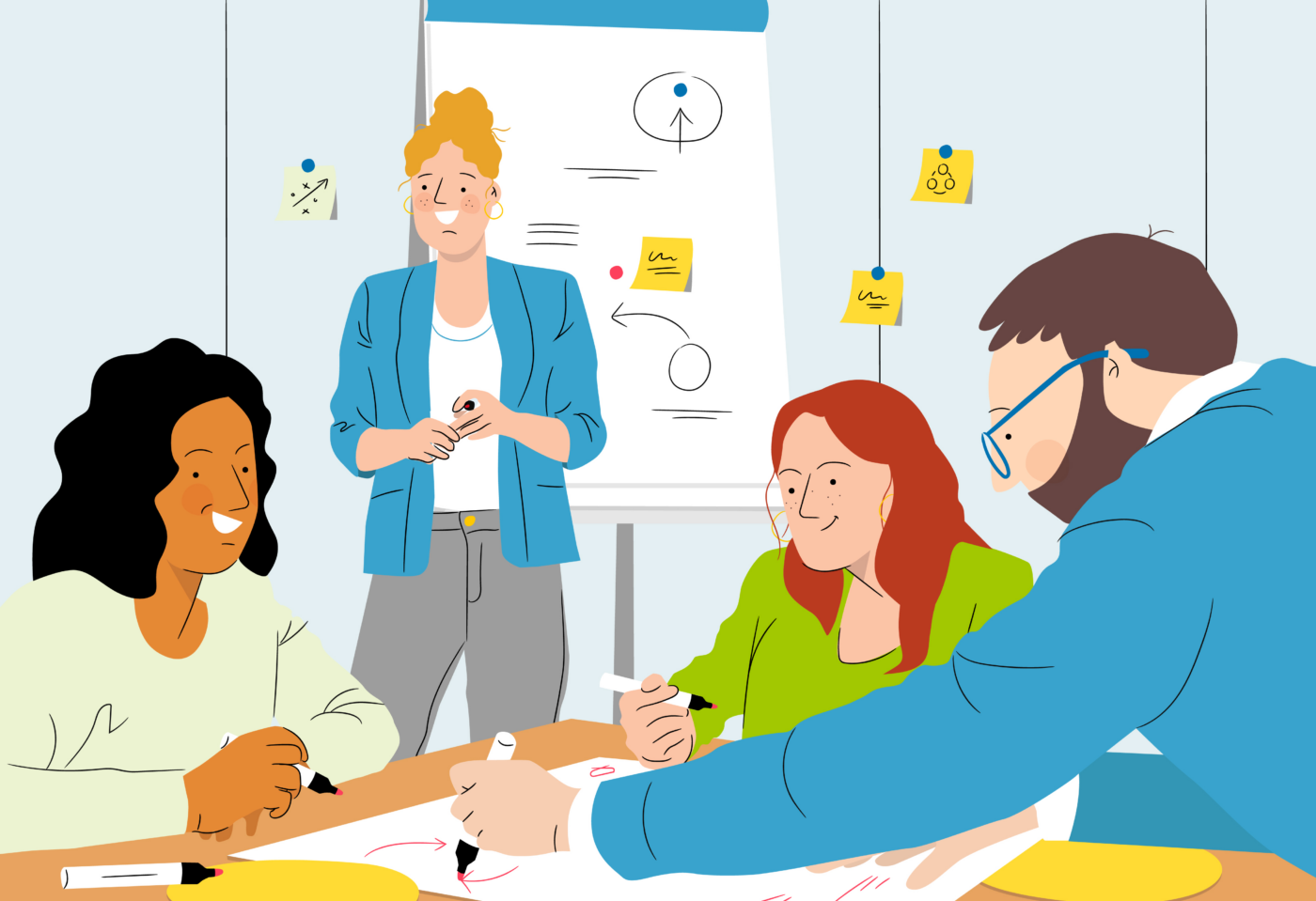 Die Grafik illustriert ein Impulstrainings. Menschen arbeiten gemeinsam in Workshop-Atmosphäre